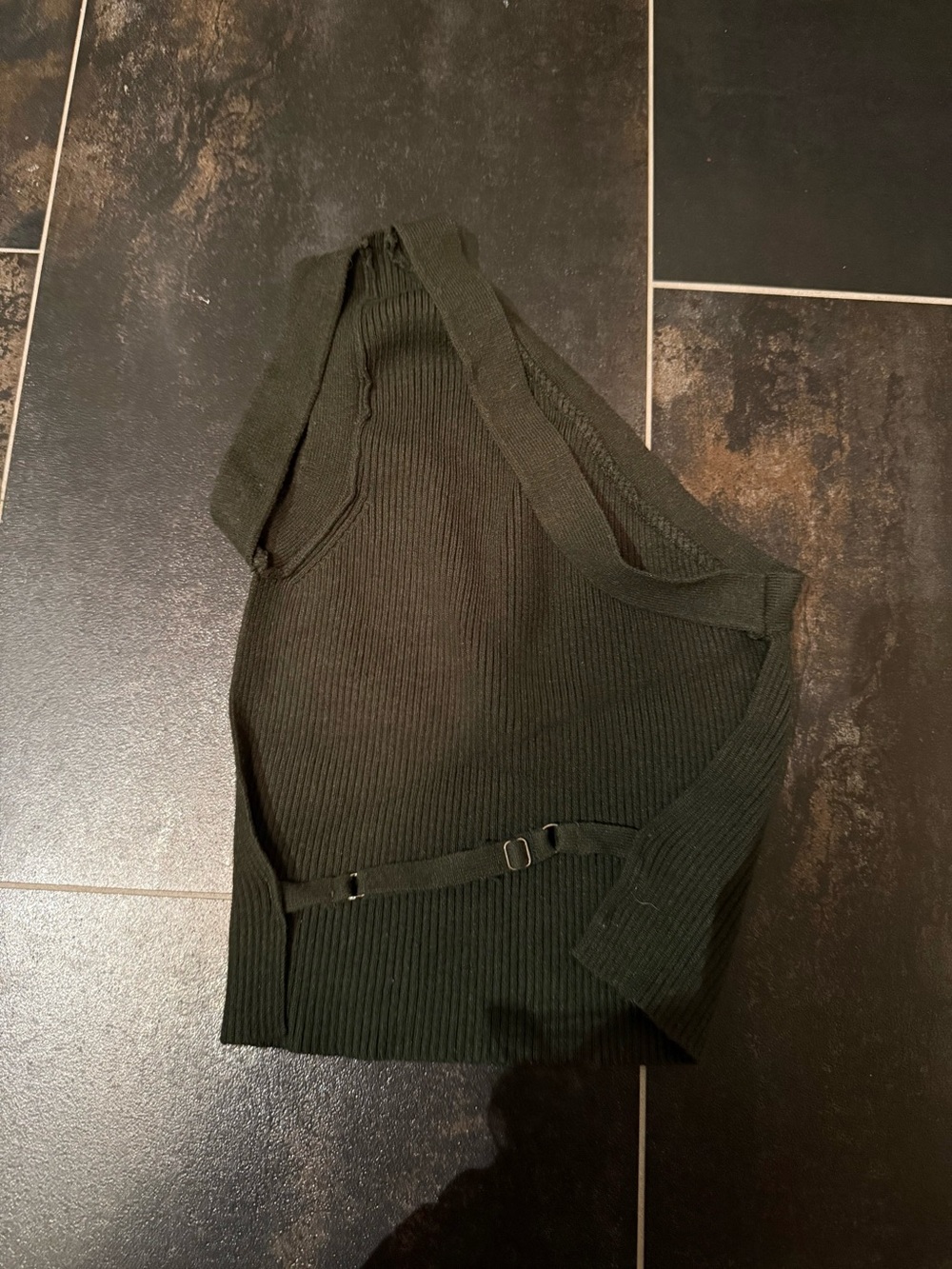 Women’s Dark Green Ribbed Knit one-shoulder top with open back and double strap